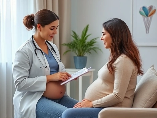 임신 초기에 유산을 예방하기 위해 산모가 산부인과 의사와 상담하며 필수 영양제 복용, 충분한 휴식, 금주, 금연 등 건강한 생활 습관을 유지하는 장면