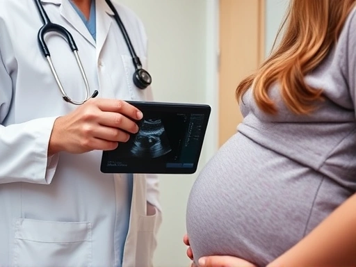 임신 초기, 산부인과 초음파 화면을 통해 태아의 심장 박동을 확인하며 의료 전문가가 임신부에게 건강한 임신 관리에 대해 설명하는 클로즈업 장면