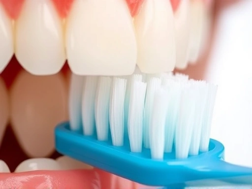 클로즈업된 칫솔모와 치아, 잇몸 라인을 따라 꼼꼼하게 닦는 모습