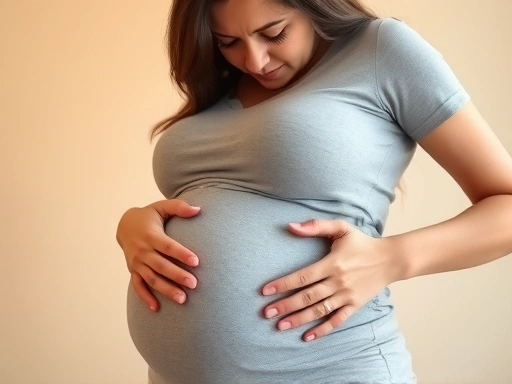 A pregnant woman, looking slightly concerned but calm, gently touching her belly, with a warm, soft light suggesting hope and care.