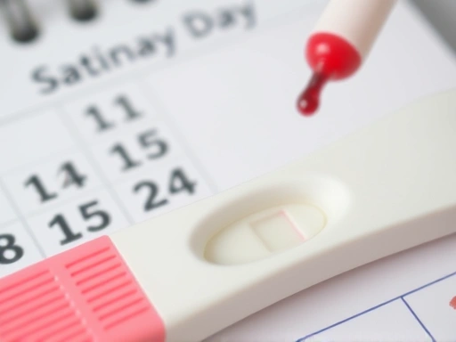 Close-up of a calendar with a marked date, a pregnancy test stick, and a small drop of red liquid, symbolizing the observation of early pregnancy bleeding and the need for careful tracking.