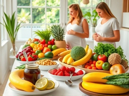 신선한 과일과 채소가 가득한 식탁, 임산부를 위한 건강한 식단, 따뜻하고 밝은 분위기