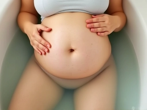 임신 중인 여성이 따뜻한 물에 좌욕을 하고 있으며, 평화롭고 편안한 표정으로 치질 통증 완화를 돕는 클로즈업 장면