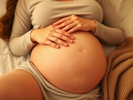 임산부가 편안하게 누워 배를 쓰다듬으며 태아의 움직임을 느끼는 모습