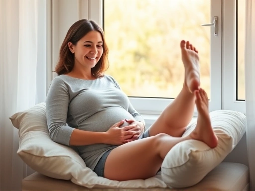 창가에 앉아 편안하게 다리를 베개에 올려놓고 쉬고 있는 행복한 임산부의 모습