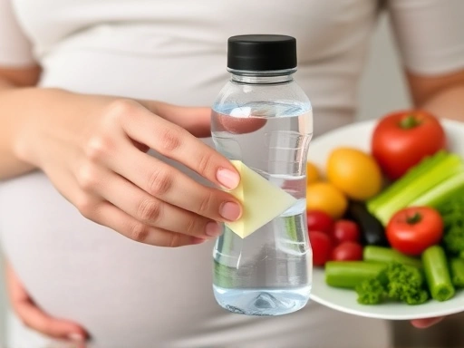신선한 채소와 과일이 담긴 접시 옆에서 물병을 들고 미소 짓는 임산부의 손 클로즈업, 건강한 식단과 충분한 수분 섭취가 임산부 부종 관리에 중요함을 시각적으로 보여주는 구체적인 묘사.