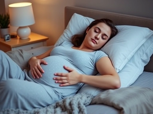 편안한 임산부, 옆으로 누워 베개에 다리를 올리고 숙면 취하는 모습