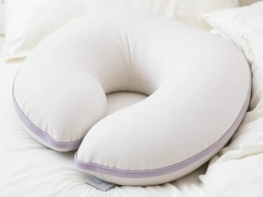 임산부용 베개 클로즈업, 인체공학적 디자인, 부드러운 소재, 임신 후기 수면 자세 지원