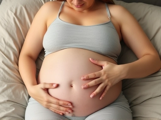 임신 후기 여성, 커진 배를 안고 힘겹게 숨쉬는 모습