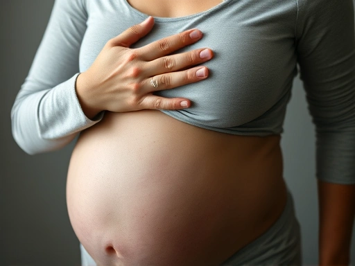 만삭 임산부, 손으로 가슴을 지긋이 누르며 숨쉬기 힘들어하는 클로즈업, 고통스러운 표정