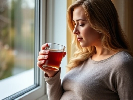 임산부가 따뜻한 차를 마시며 창밖을 바라보는 클로즈업 샷, 잦은 소변 완화를 위한 수분 섭취 조절