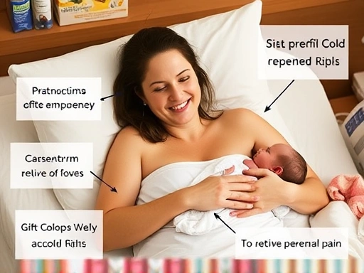 출산 후 편안하게 쉬고 있는 산모가 아기를 안고 미소 짓는 모습, 주변에 회음부 통증 완화를 위한 냉찜질 팩과 좌욕 도구가 있는 따뜻한 분위기, 산후 회복 과정을 강조하는 이미지.