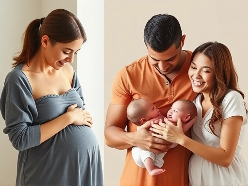 산모와 아기가 함께하는 평화로운 자연분만 과정, 건강한 아기가 태어나는 순간의 감동과 환희, 행복한 가족의 모습