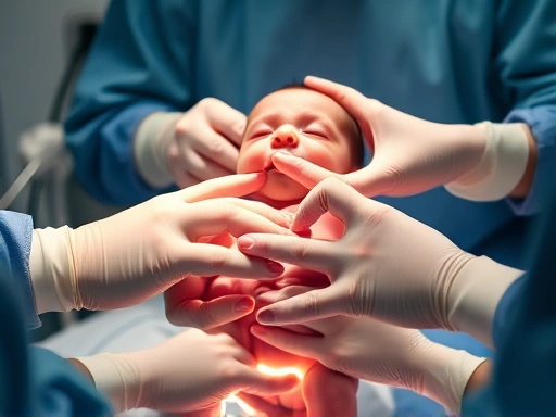 수술실에서 의료진이 제왕절개 수술을 통해 아기를 안전하게 분만하고 있는 전문적인 클로즈업 장면