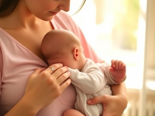 아기가 엄마 품에 안겨 모유 수유를 하는 따뜻하고 평화로운 장면으로, 젖몸살 예방과 성공적인 모유 수유를 상징하는 이미지. 부드러운 햇살이 방을 비추고, 아기의 작은 손이 엄마 가슴에 닿아있는 모습.