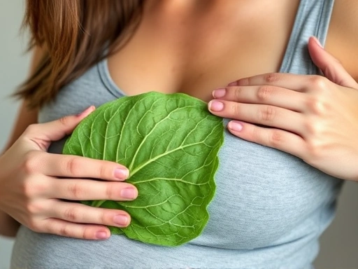 엄마가 젖몸살로 인한 가슴 통증을 완화하기 위해 차가운 양배추 잎을 가슴에 올려놓는 클로즈업 장면. 고통스러워 보이지만 동시에 해결책을 찾는 노력을 보여주며, 젖몸살 대처법을 시각적으로 묘사.