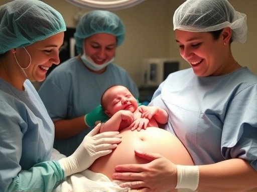 수술실에서 산모의 배 위에 아기가 올려져 첫 스킨십을 하는 감동적인 순간.