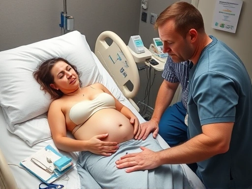 제왕절개 수술을 앞둔 산모가 침대에 누워 의료진과 상담하는 모습