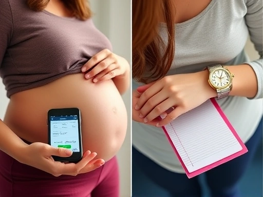 임산부가 스마트폰 앱으로 진통 간격을 측정하는 모습