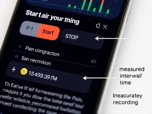 진통 측정 앱의 클로즈업 화면, 진통 시작/종료 버튼과 측정된 간격/시간 정보 강조, 정확한 기록 중요성 부각