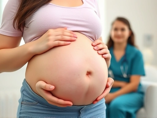 초음파 검사로 태반 위치 이상 진단받는 임산부, 의료진과 상담하며 궁금한 점 질문하는 모습