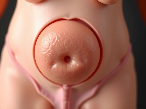 자궁 모형에서 태반이 자궁 경부를 덮고 있는 전치태반 클로즈업, 태반 위치 이상 강조