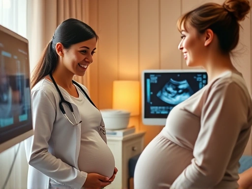 임신부가 의료진과 상담하며 태아의 성별을 초음파를 통해 확인하는 모습, 행복하고 궁금해하는 표정으로 초음파 화면을 바라보는 장면, 따뜻한 빛과 희망찬 분위기, 태아성별확인시기 관련 키워드가 자연스럽게 어우러진 이미지