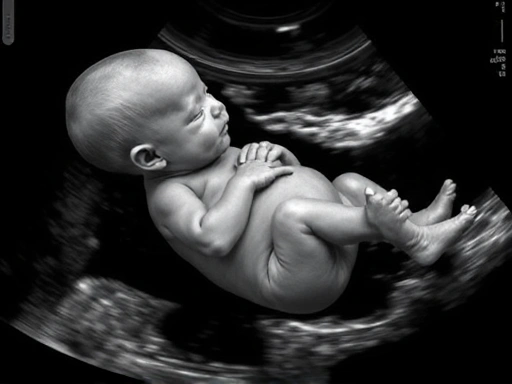 양수 속에서 탯줄이 목에 감긴 태아의 모습