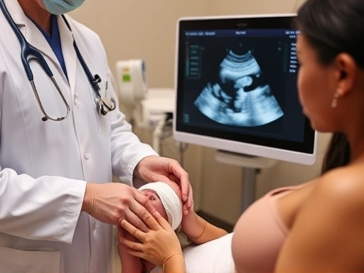 산부인과 의사가 초음파 검사를 통해 탯줄 목 감김 여부를 확인하는 모습