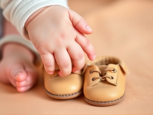 작은 아기의 손과 조금 더 큰 어린이의 손이 서로 부드럽게 포개져 있는 클로즈업 사진, 나이 터울을 상징하는 두 개의 아기 신발과 한 개의 어린이 신발이 함께 놓여 있으며, 신뢰와 안정감을 주는 따뜻한 색감으로 묘사.