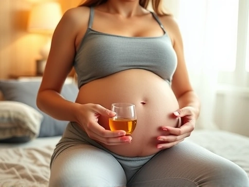 출산을 앞둔 산모가 편안한 자세로 회음부 마사지 오일을 손에 덜어 마사지를 준비하는 모습. 배경은 따뜻한 조명이 있는 침실로, 차분하고 안전한 분위기를 연출하며 출산 준비의 중요성을 강조합니다.