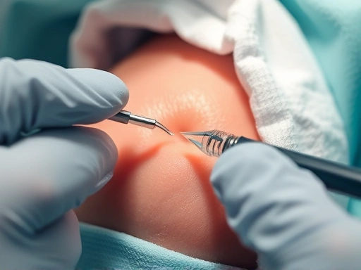 Close-up view of amniocentesis procedure, emphasizing sterile environment and medical precision.
