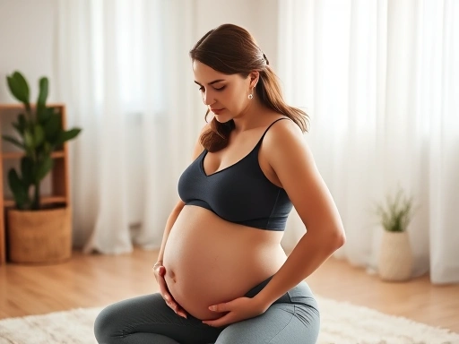A pregnant woman practicing breathing exercises with her partner in a softly lit room, preparing for natural childbirth.
