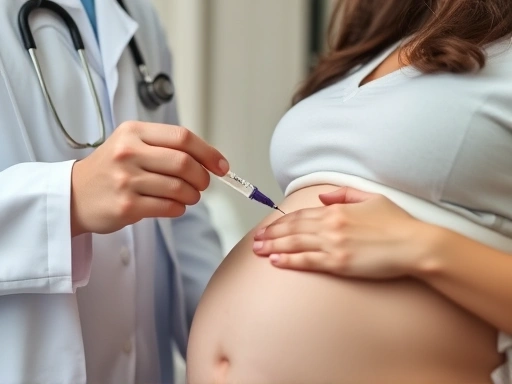 Close-up of a doctor explaining epidural anesthesia procedure to a pregnant woman, showing the equipment and injection site.