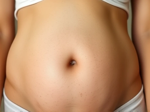 A close-up shot of a woman's abdomen showing a healed cesarean scar, with soft, natural lighting highlighting the skin texture.