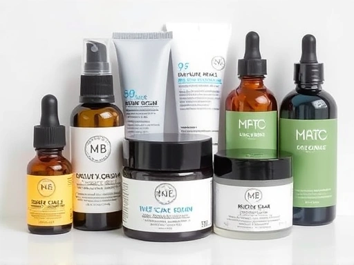 A detailed view of various skincare products designed for scar management, including creams and oils, neatly arranged with a focus on their labels and textures.
