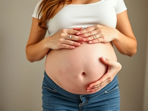 A pregnant woman smiling, holding her belly, soft lighting, a clear focus on the pregnant belly, childbirth calculation method