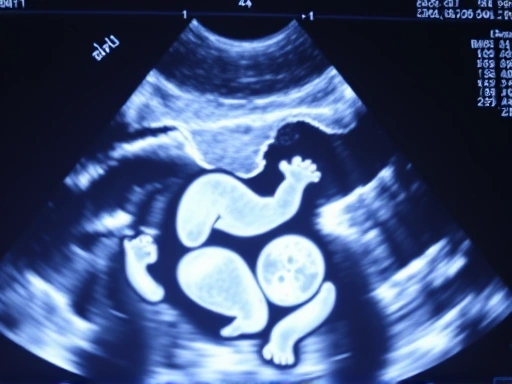 A close-up shot of an ultrasound screen showing the baby inside the womb, showcasing the detailed structures, childbirth calculation