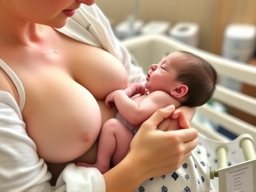 A newborn baby is held gently by its mother, breastfeeding in a serene hospital setting, showcasing the initial bonding moment.