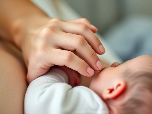 Close-up of a mother's hand gently supporting her newborn's head during breastfeeding, focusing on the nurturing and delicate connection.
