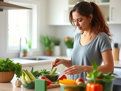A woman preparing healthy meals in a brightly lit kitchen, focusing on fresh vegetables and fruits, representing healthy eating for improved conception.