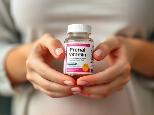 Close-up shot of a woman's hands holding a prenatal vitamin supplement, emphasizing the importance of folic acid and vitamin D for conception.
