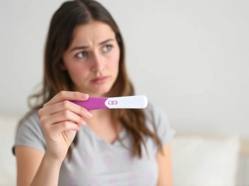 Concerned woman holding pregnancy test, thinking about ectopic pregnancy symptoms and causes