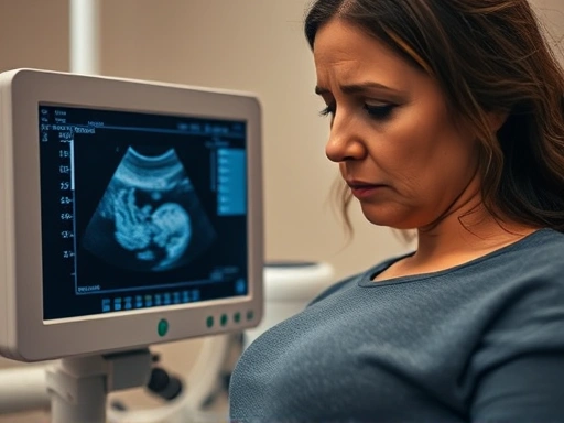 Close-up image of a pregnant woman receiving an ultrasound, focusing on the monitor displaying fetal growth measurements, with a concerned yet hopeful expression.