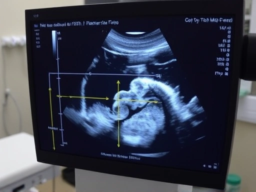 Detailed image of an ultrasound scan showing the measurements of a fetus, with annotations highlighting key areas of growth and development, set in a medical clinic environment.