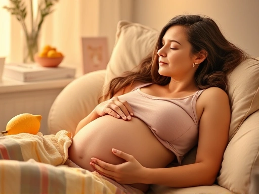 임산부가 편안하게 휴식을 취하며 건강한 과일을 섭취하는 모습