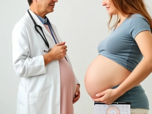 A pregnant woman consults her doctor about fetal weight concerns, with a focus on health and well-being