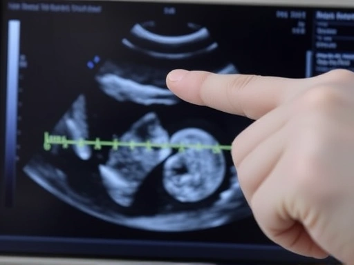 Close-up of a doctor's hand pointing to a fetal ultrasound image, highlighting the weight measurement