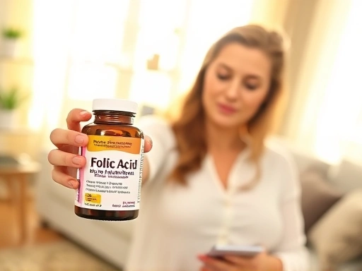 임신을 준비하는 여성이 손에 엽산 보충제 병을 들고 설명을 읽는 장면