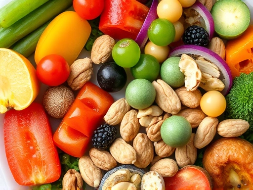 Close-up of a colorful plate filled with hormone-balancing foods like fresh vegetables, fruits, and nuts.